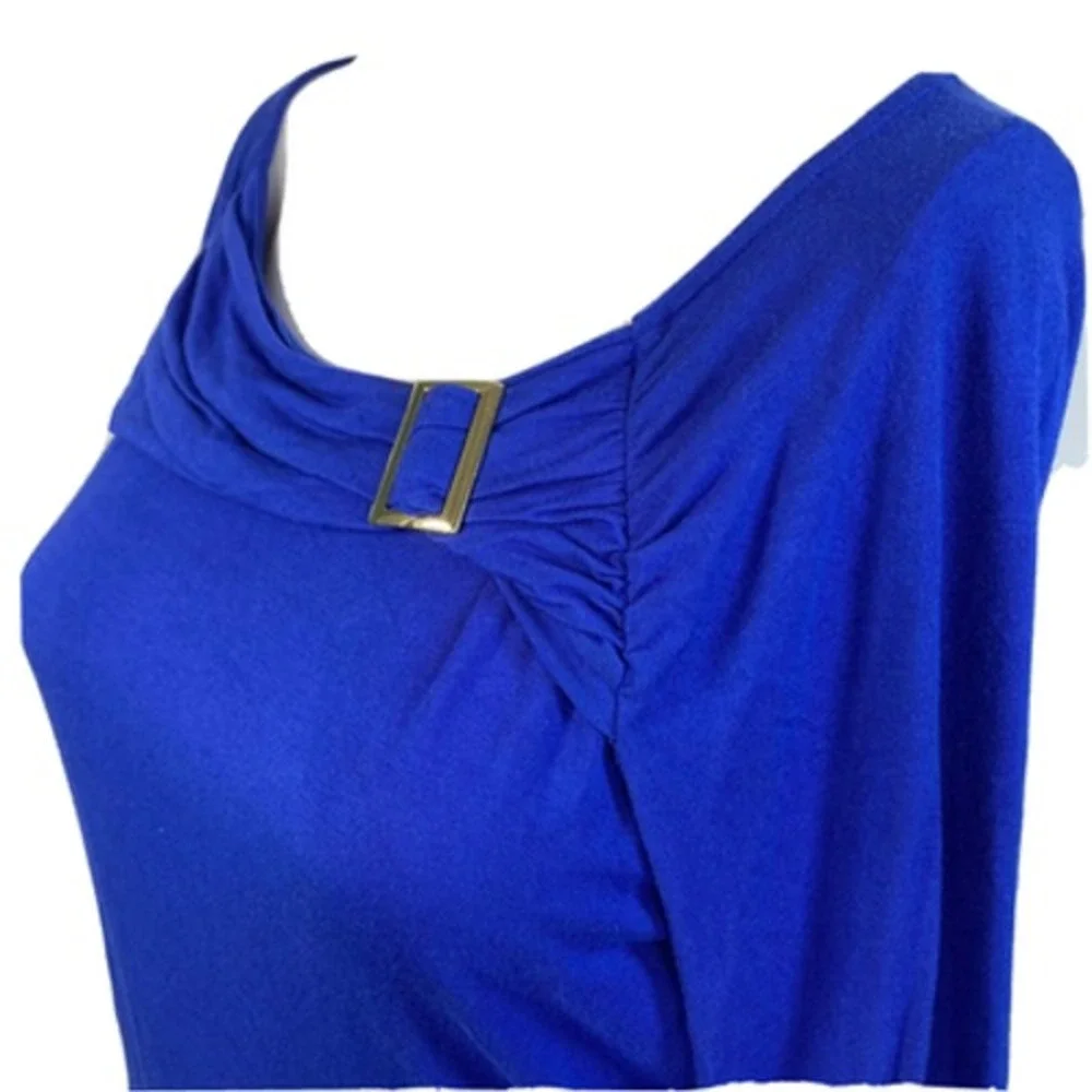 Carmen‎ Marc Valvo Shirt Sz M Blue Knit Buckle Pleated Neck Stretch - Picture 2 of 8